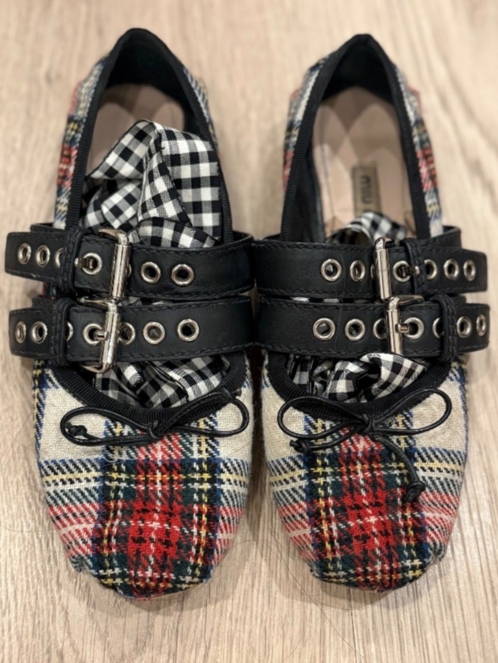 Miu Miu Tartan Tie Up Ballerina Flats